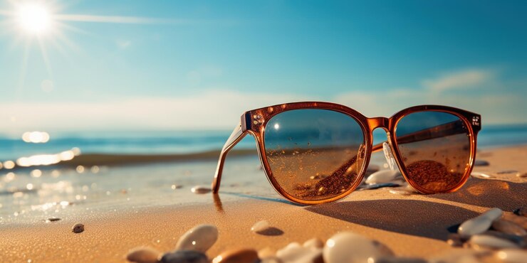 Un par de gafas de sol con una escena de playa en la parte posterior