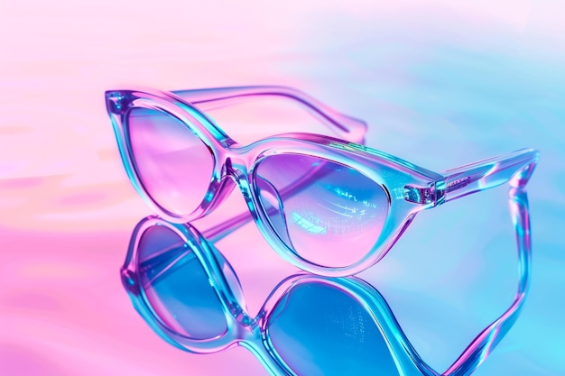 Un par de gafas de sol fluidas holográficas 3D con colores rosa y azul pastel