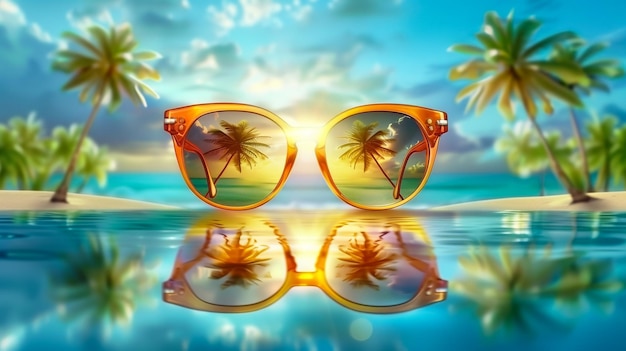 un par de gafas de sol con palmeras reflejadas en el agua