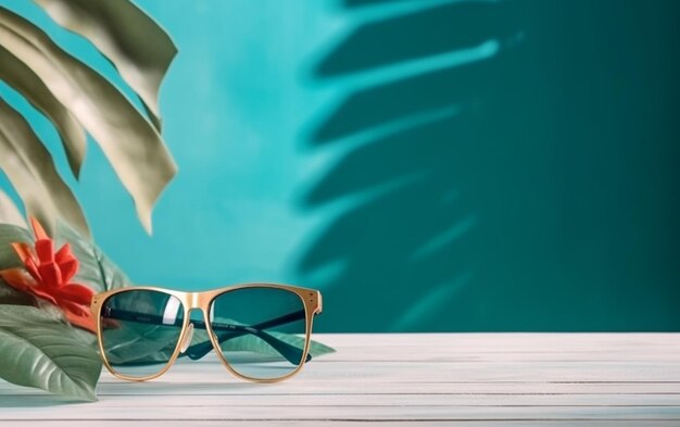 Un par de gafas de sol sobre una mesa con un fondo verde