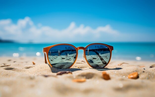 Un par de gafas de sol sobre una playa de arena AI