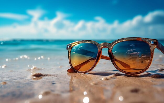 Un par de gafas de sol sobre una playa de arena AI