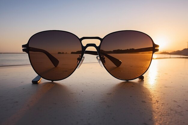 Un par de gafas de sol con el sol detrás de ellos