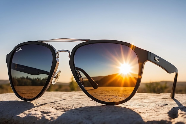 Un par de gafas de sol con el sol detrás de ellos