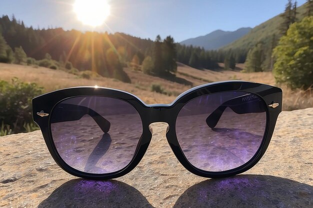 Un par de gafas de sol con el sol detrás de ellos