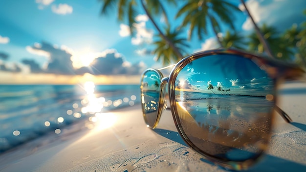 un par de gafas de sol con el sol reflejado en el agua