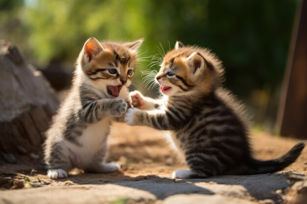 Un par de gatitos juguetones jugando en el jardín.