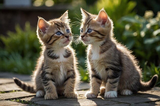 Un par de gatitos juguetones jugando en el jardín