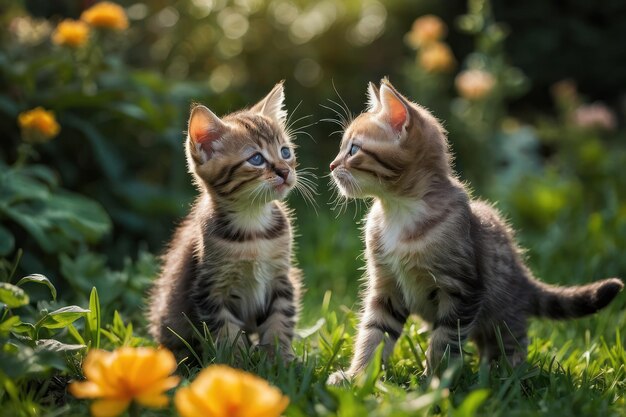 Foto un par de gatitos juguetones jugando en el jardín