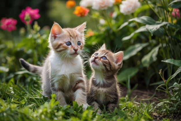 Un par de gatitos juguetones jugando en el jardín