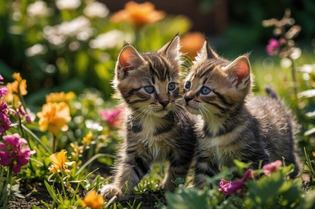 Un par de gatitos juguetones jugando en el jardín