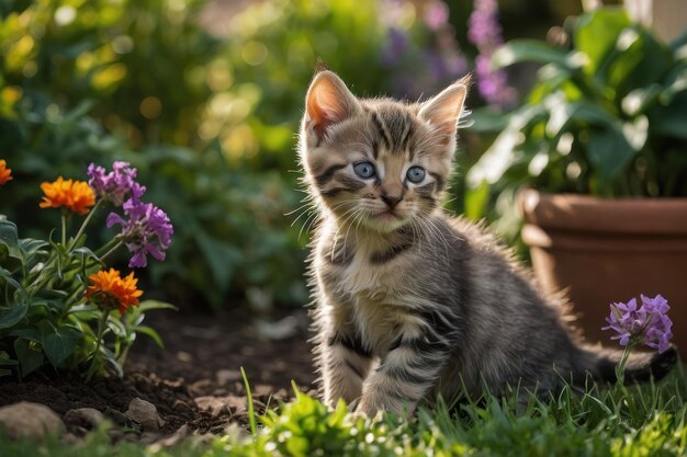 Un par de gatitos juguetones jugando en el jardín