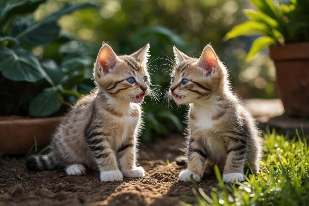 Un par de gatitos juguetones jugando en el jardín