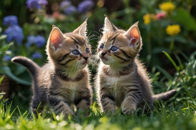 Un par de gatitos juguetones jugando en el jardín