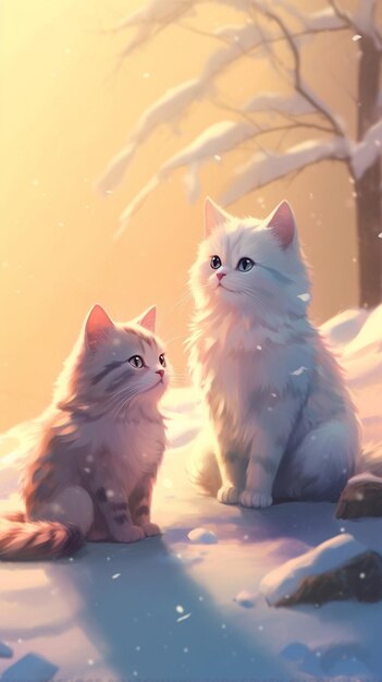 un par de gatos en la nieve