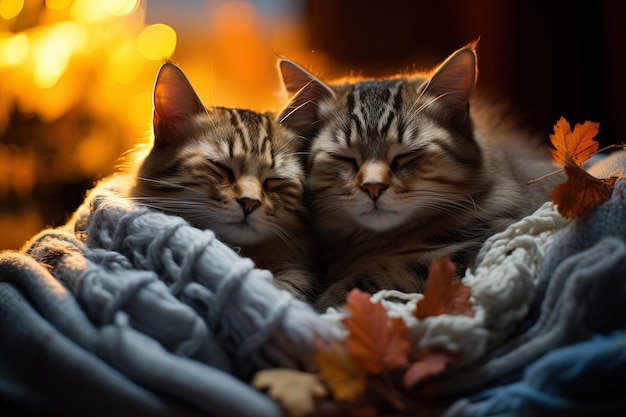 un par de gatos de rayas lindos duermen juntos bajo una abrigada abrigada