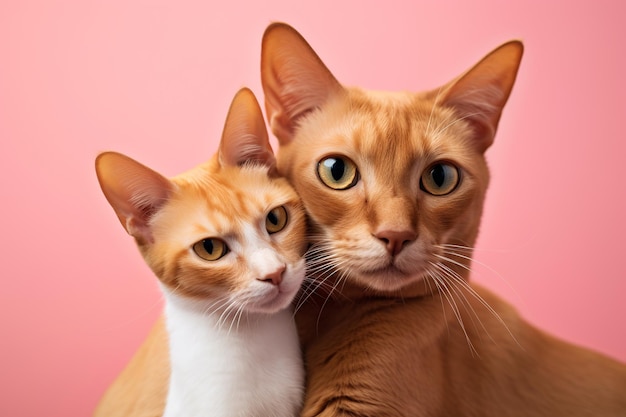 Un par de gatos rojos, abisinos y beige sentados uno cerca del otro sobre un fondo rosa