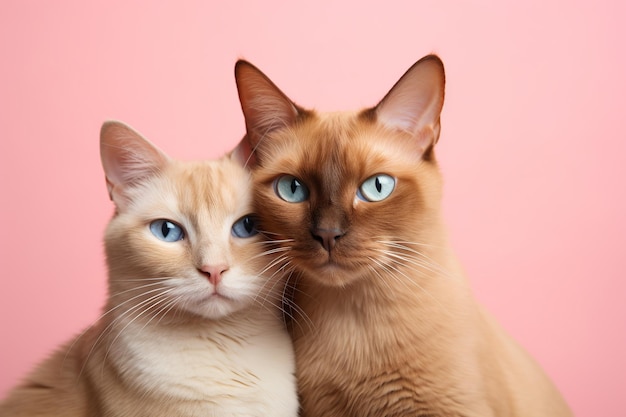 Un par de gatos rojos y blancos sentados cerca el uno del otro en un fondo rosa