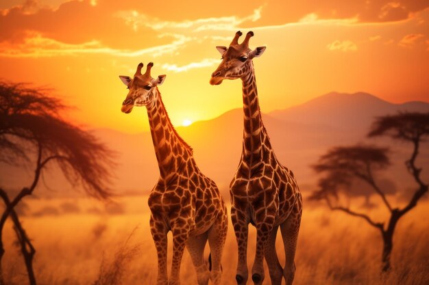 par de girafas majestuosas de pie en el hermoso paisaje de la sabana vida silvestre