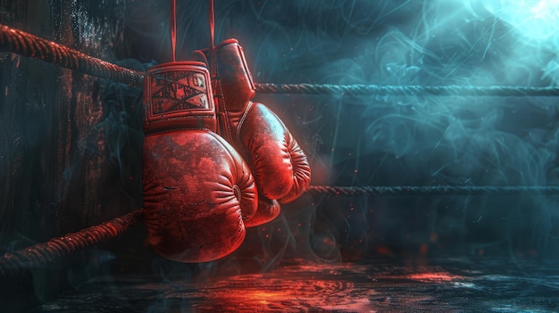 Un par de guantes de boxeo colgando en una esquina del anillo con un reflector