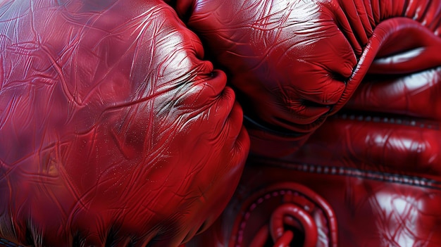 Un par de guantes de boxeo rojos Los guantes están hechos de cuero de alta calidad y tienen un cierre de cordón Los guantes son bien usados y muestran signos de uso
