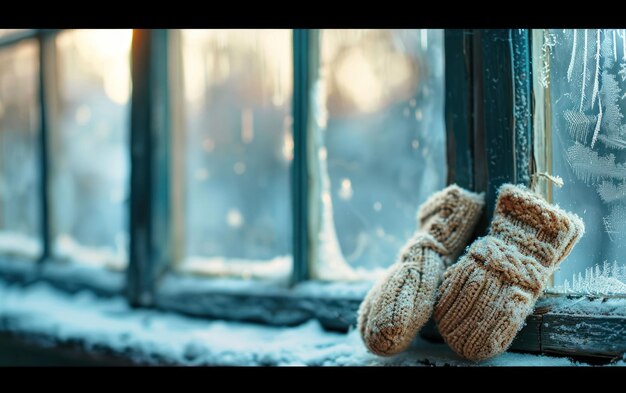 Un par de guantes descansando en una ventana helada