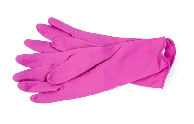 Par de guantes de goma de protección rosa para limpiar sobre un fondo blanco, vista superior