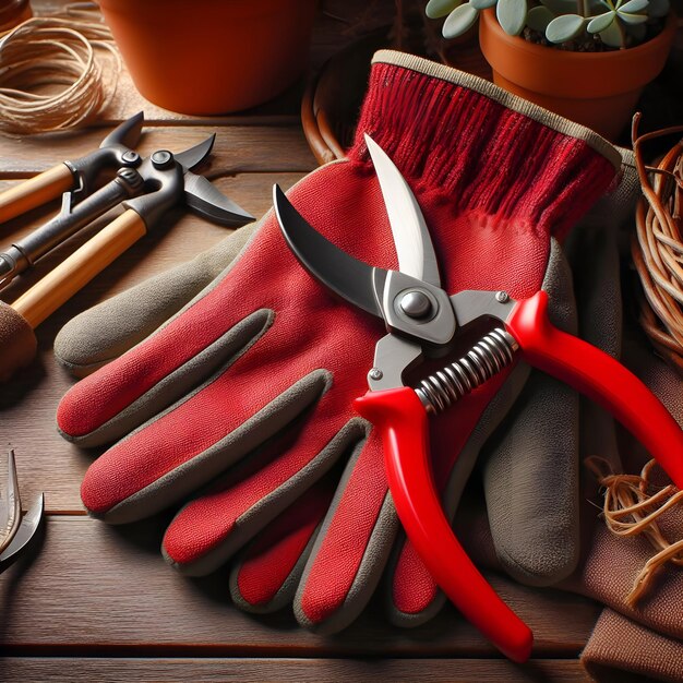 Un par de guantes de jardinería rojos y secadores en una mesa de madera