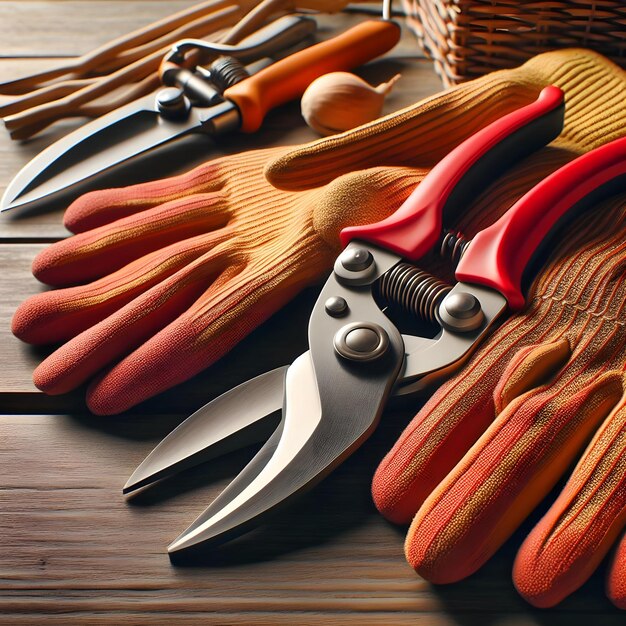 Un par de guantes de jardinería rojos y secadores en una mesa de madera