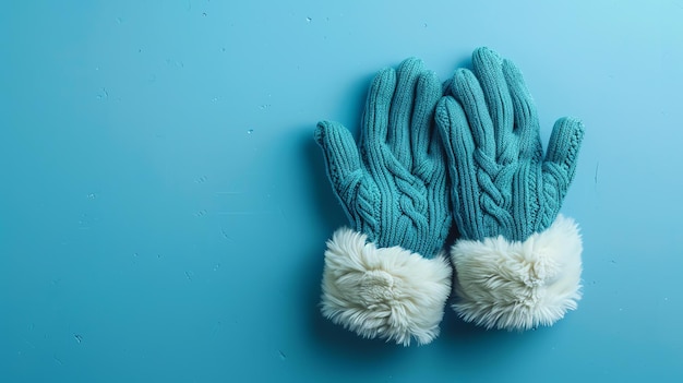 Un par de guantes de punto azules con puños de piel blanca Los guantes están colocados planos sobre un fondo azul sólido