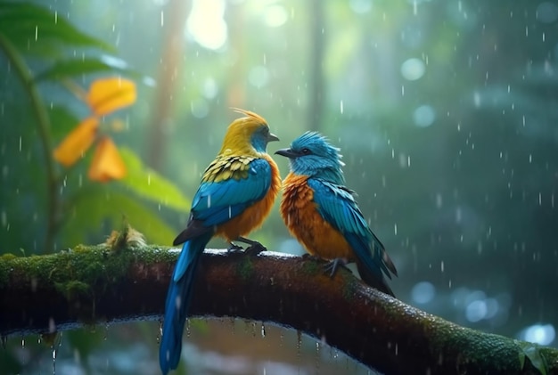 Un par de hermosos pájaros en el bosque con gotas de lluvia y naturaleza fondo borroso ai generativo