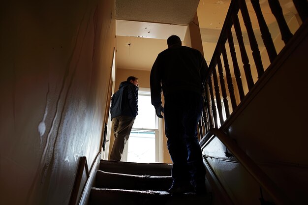 Foto un par de hombres caminando por un tramo de escaleras
