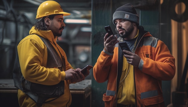 Un par de hombres miran sus teléfonos y uno de ellos mira un teléfono.