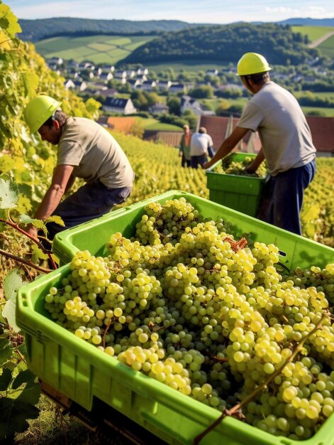 un par de hombres recogiendo uvas de una vid