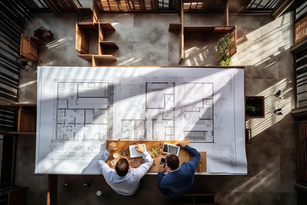 Foto un par de hombres sentados en una mesa con planos