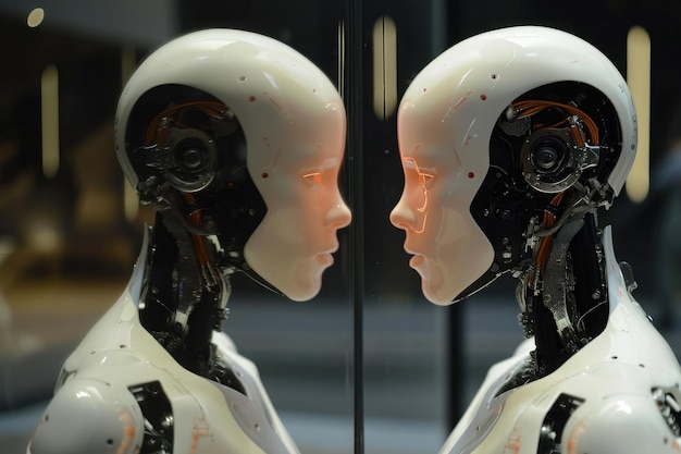 Foto un par de humanoides parados juntos y mirando sus reflejos en un espejo. un robot humanoide mirando su reflejo generado por ia.