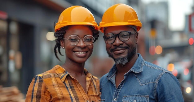 Un par de ingenieros arquitectónicos o industriales afroamericanos con sombreros amarillos de seguridad se paran uno al lado del otro y sonríen de cerca extremo IA generativa