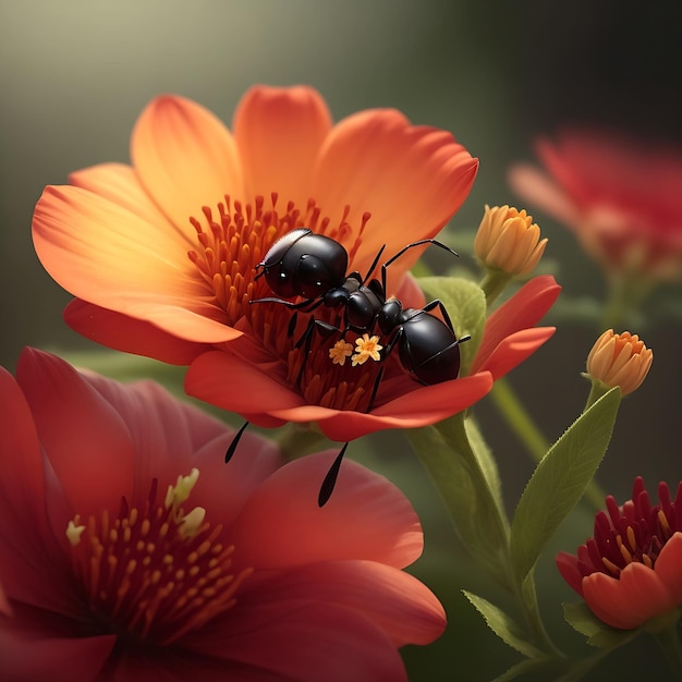 Un par de insectos negros en una flor roja.