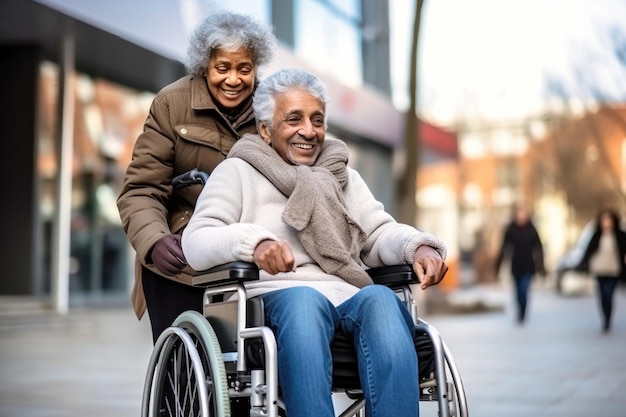 Par intergeneracional hombre mayor en silla de ruedas con mujer más joven.