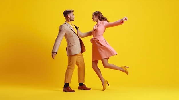 Un par de jóvenes divertidos y felices hombre y mujer bailando hiphop en el estudio en azul y rosa de moda co