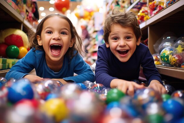 Un par de jóvenes felices divirtiéndose entre los juguetes en una animada tienda