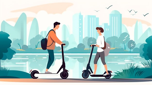 Un par de jóvenes montan un scooter eléctrico Ilustrador de IA generativa