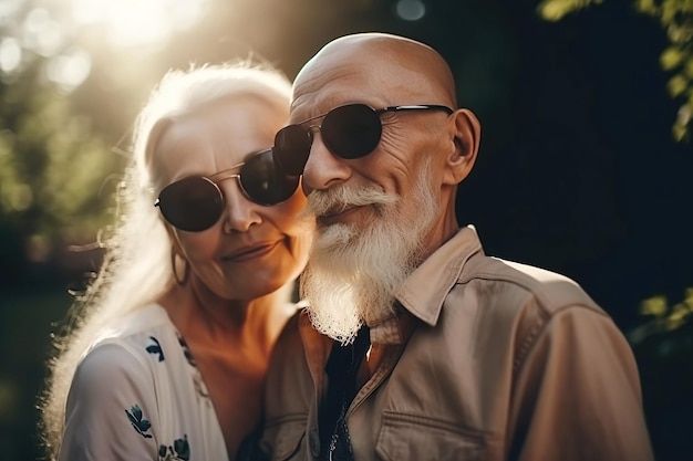 Un par de jubilados ancianos enamorados se abrazan en la naturaleza en el parque en verano IA generativa