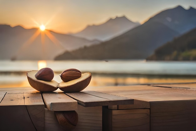 un par de libros de madera con una puesta de sol de fondo.