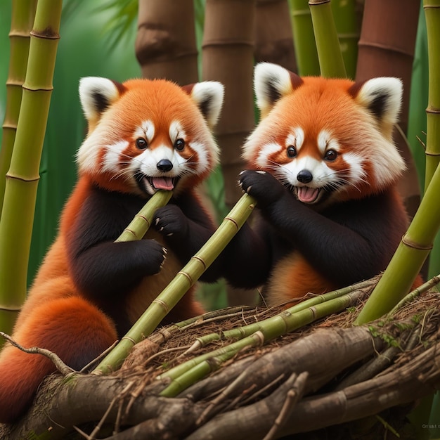 Foto un par de lindos pandas rojos compartiendo un bocadillo de bambú