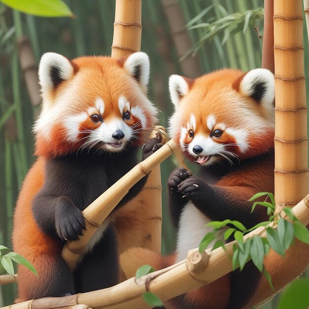 Un par de lindos pandas rojos compartiendo un bocadillo de bambú