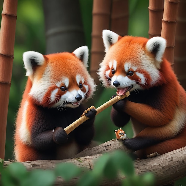 Un par de lindos pandas rojos compartiendo un bocadillo de bambú