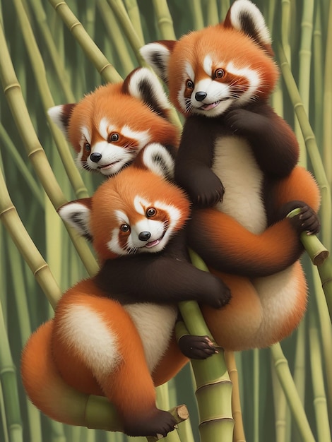 Un par de lindos pandas rojos compartiendo un bocadillo de bambú