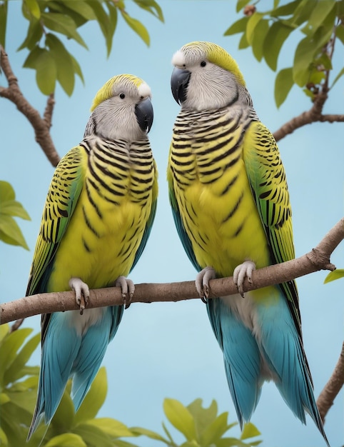 Par de loros periquitos en la rama de un árbol