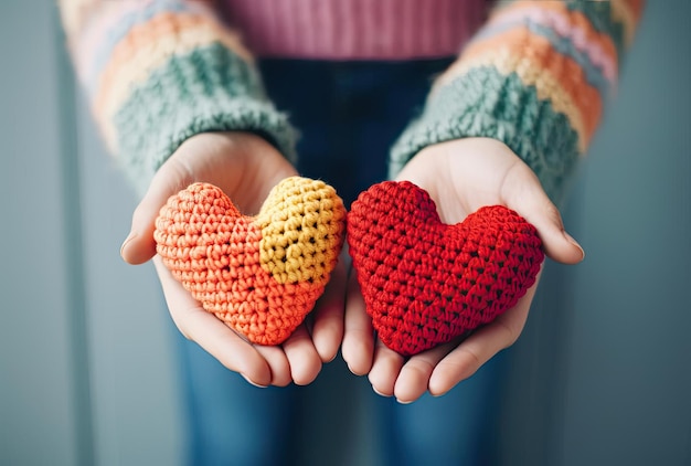 un par de manos sosteniendo coloridos corazones de ganchillo al estilo de la simplicidad infantil